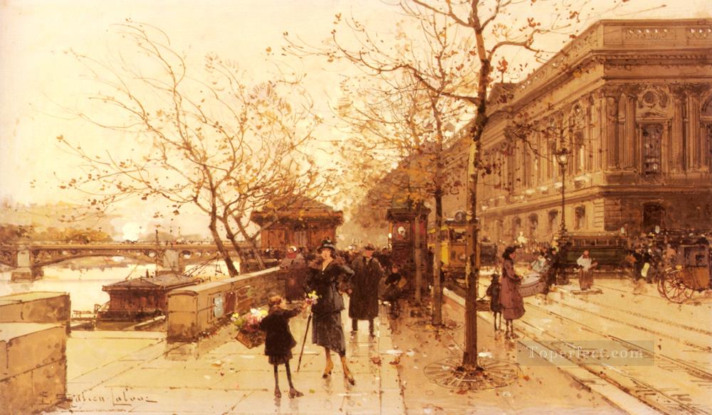 Le Louvere Et La Passerelle Des Arts Parisian gouache Eugene Galien Laloue Oil Paintings